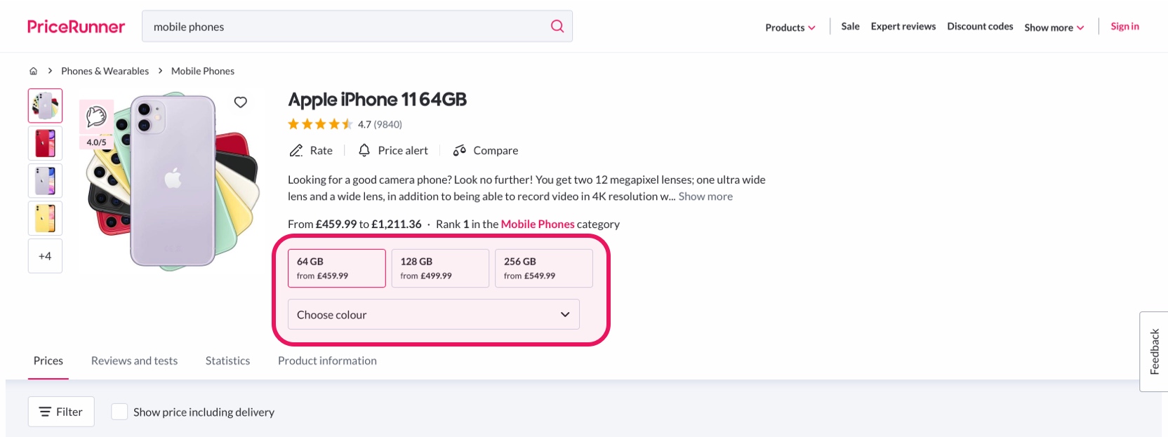 Compare product versions on PriceRunner