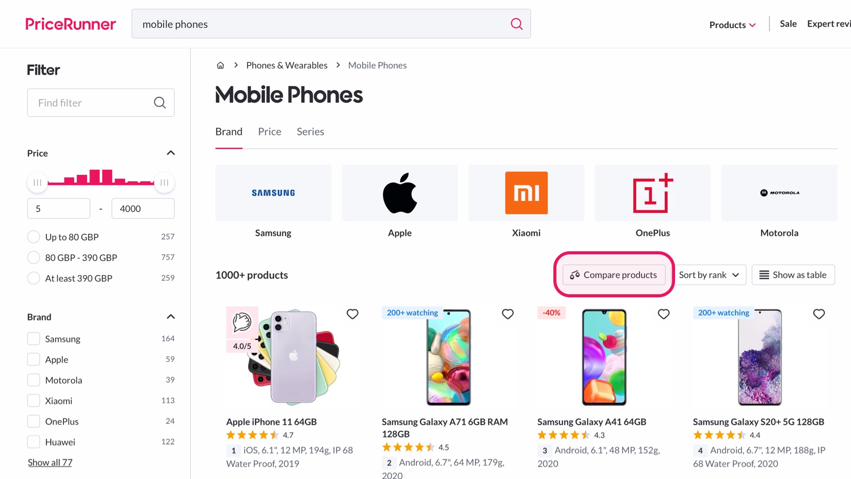 Compare products on PriceRunner