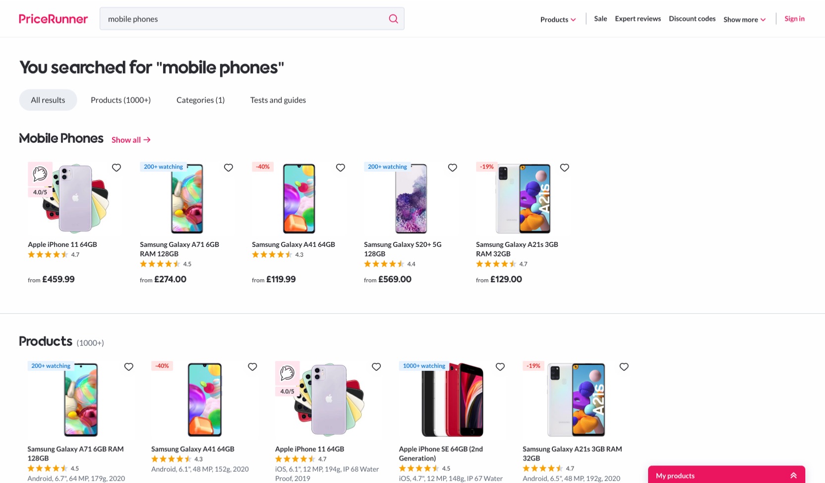 Search results on PriceRunner